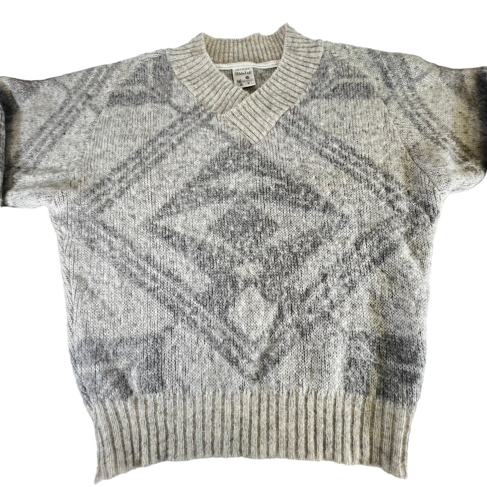 Vtg Hilda Ltd Icelandic Wool Sweater Mens S Gray White Geometric V-Neck Pullover